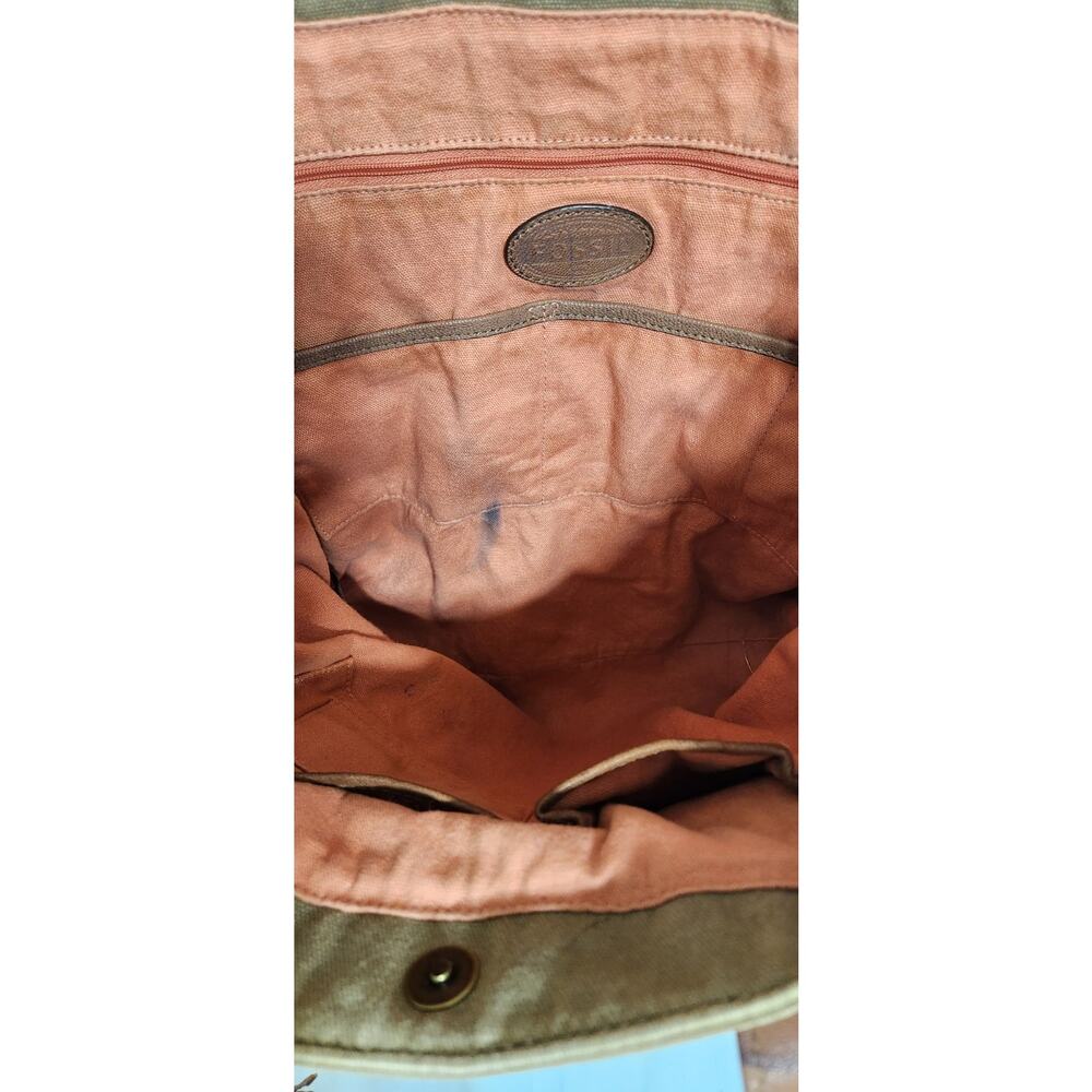 FOSSIL Large Jules Key Tote Tan Canvas Leather Handles Brass Key Tassel - Picture 3 of 13
